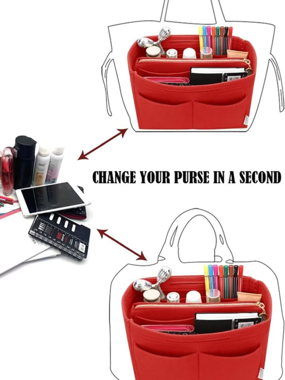 Felt Purse Organizer Insert for Tote Bags | 5 Sizes, Zippered Divider, Bag